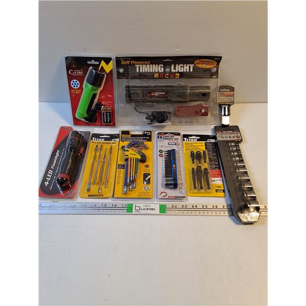 Timing Light,(2) Flashlights,10 Pc.Socket Set,(2) Hex Bit Sets and Stubby and Wobble Socket Set