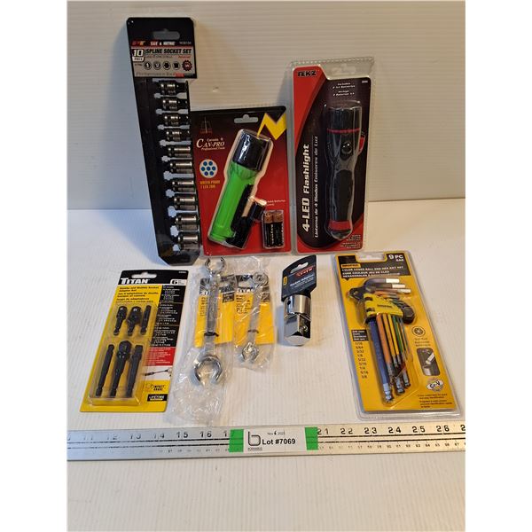 (2) Asst'd Socket Sets,(2) Flashlights,(2) Wrenches,Socket Adapter and Color Coded Ball End Hex Key 
