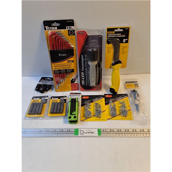 Linoleum Knife,13 Pc. Extra Long Hex Key Set, Flashlight, Assorted tools and hardware as pictured