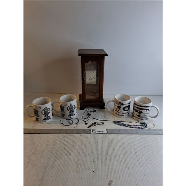 (4) Mugs/ Jewelry Box 11 1/2" x 5" x 4"/ Necklaces