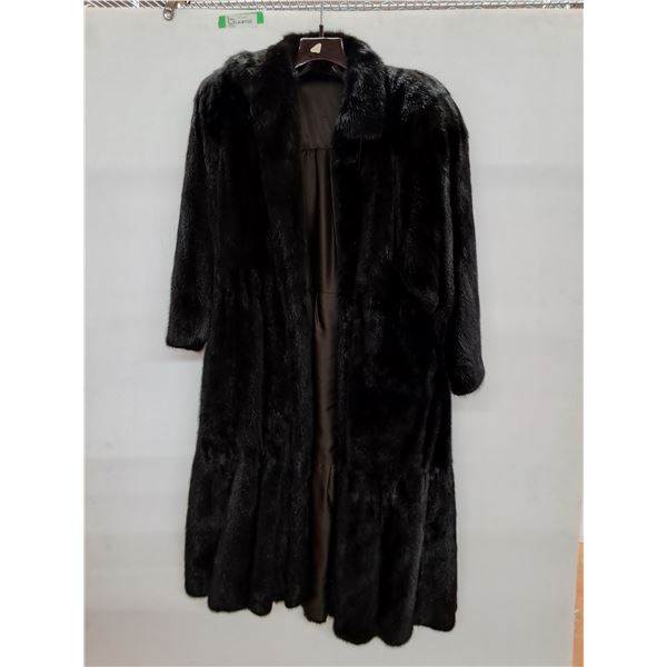 *Ladies "Eaton"  Long Button Up Black Fur Coat (Apx. Size Med/Lg) Satin Lined