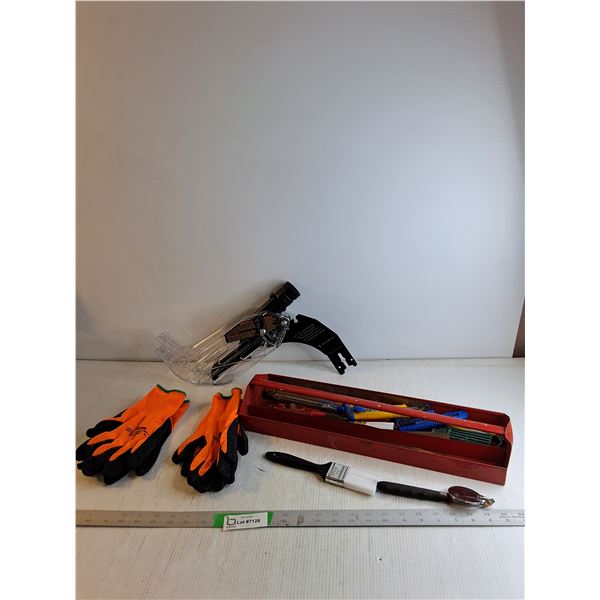 Assorted Tools In Metal Tool Box/ Heavy Rubber Gloves/ Misc.