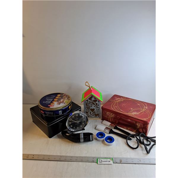 Assorted Cookie Tins/ Wood Bird House/ Alarm Clock/ Electric Razor