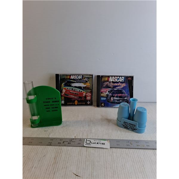 (2) Nascar Racing Gaming Discs/ Rain Gauge/ Salt And Pepper Shakers