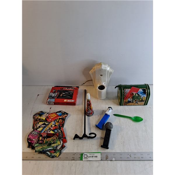 John Deere Piggy Bank/ Nascar Playing Cards/ Pez Dispensers/ Misc