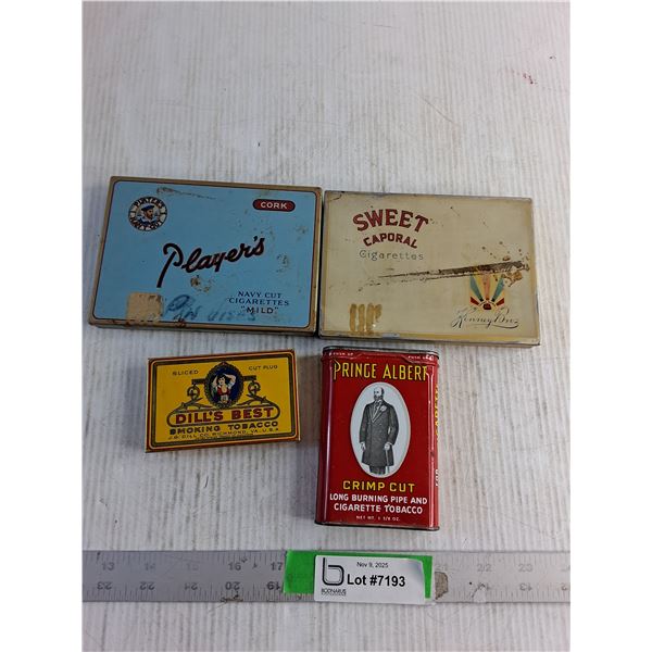 (4) Cigarette Tins - Players/ Dill's Best/ Sweet Caporal