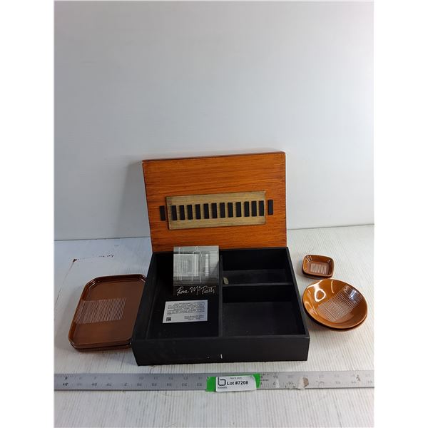 "Rosa Maria MN Piatti - Brazil" Wooden Box With Removable Lid/ Porcelain Dishes Inside