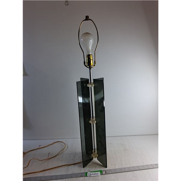 Mid Century Chrome and Smoked Lucite Table Lamp (Powers On) 31" Tall