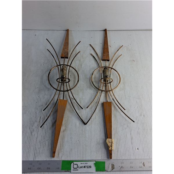 (2) Decorative Wall Sconces/ Wood And Metal 20.5" Tall
