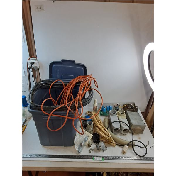 Assorted Electrical - Transformer, Conduit, Cords, Cable, Storage Tote 13x16x21" - Pickup Only