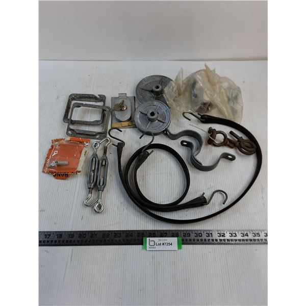 Assorted Hardware, Pulley Wheels, Bungee Cords, Misc.