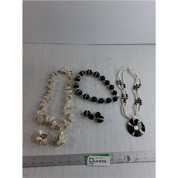 Vintage Shell Beaded Necklace/ Garland Necklace And Clip Earrings/ Beaded Jewelry Set