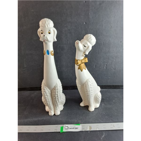 (2) Vintage MCM White Ceramic Poodle Figurines 13" And 15" Tall