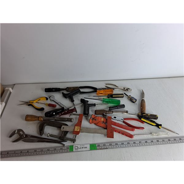 Bin of Misc Hand Tools - Chisels , Clamps, Pliers