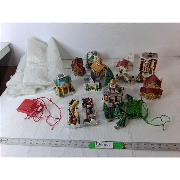 Light Up Artificial Snow Blanket- Powers On & Ceramic Town Figurines