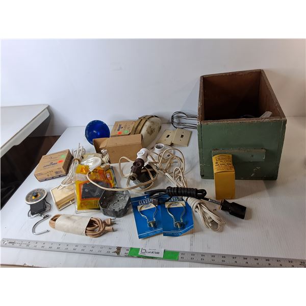 Wooden Storage Box 15" x 9.5" x 9", Hanging Scale, Halogen Bulb, Misc.