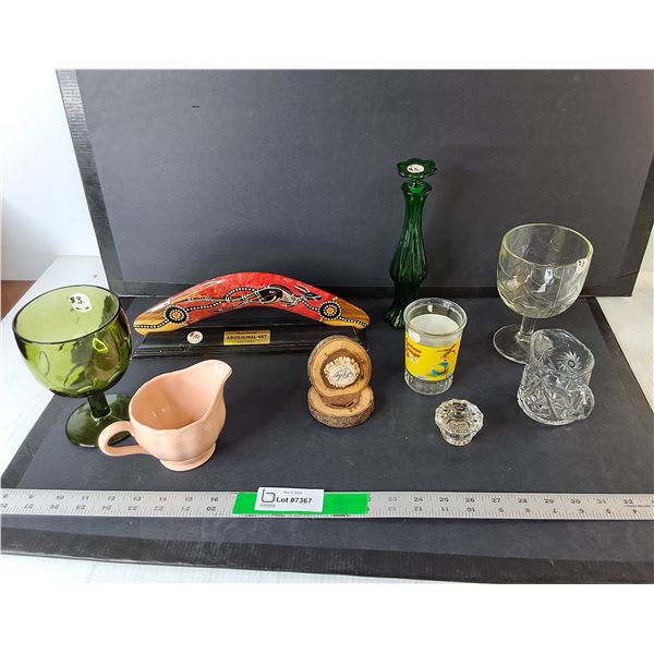Handpainted Boomerang, Curious George Cup, Avon Bath Oil Decanter, Misc.