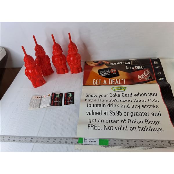 Coke Card & Poster, (4) Santa Coca-Cola Bottles