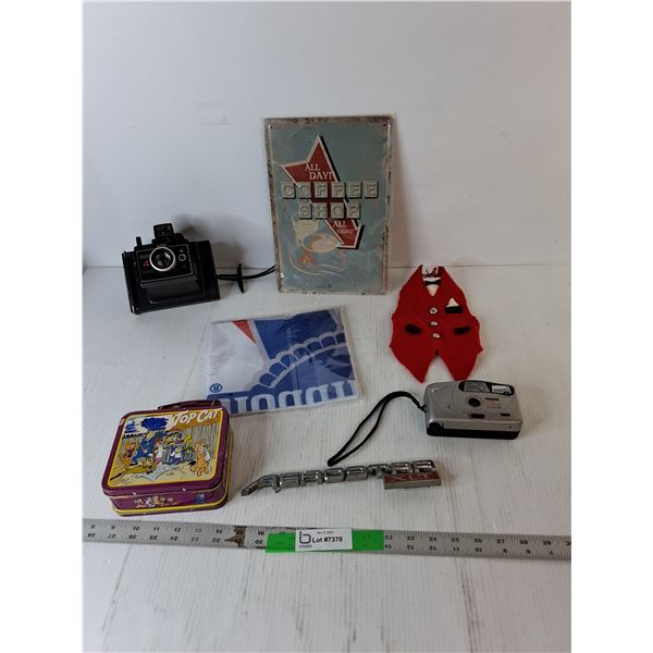 Coffee Shop Metal Sign 12" x 8", Top Cat Metal Case, Polaroid Land Camera- As Is, Misc.