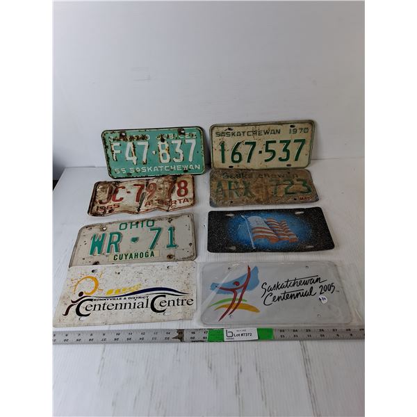 (8) License Plates- Sask. Centennial, Diamond Jubilee, American Flag, Misc.