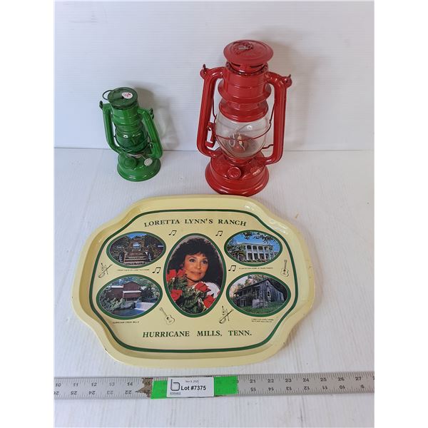 Metal Loretta Lynn Tray 16" x 13.25" & (2) Metal Lanterns Up to 10.75"