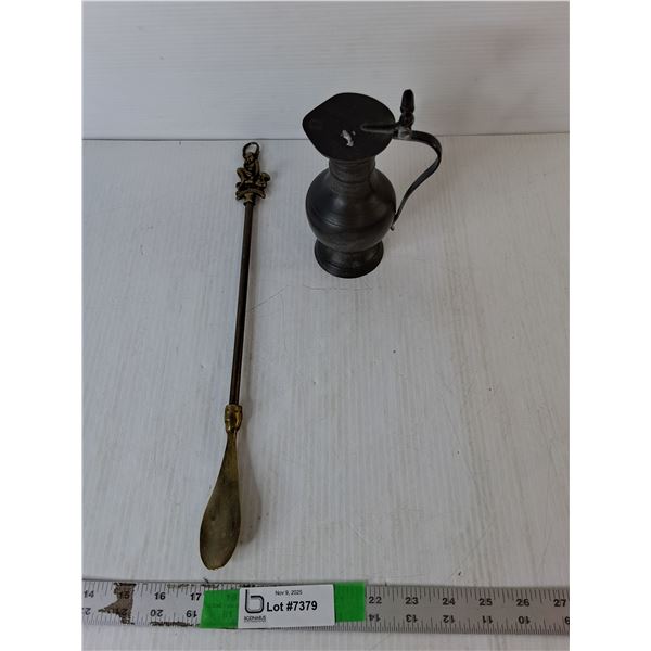 Pewter Jug & Brass Shoe Horn 16.75"
