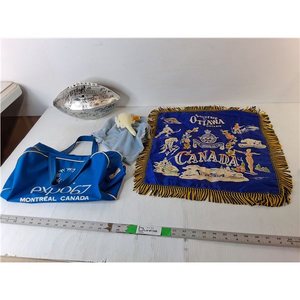 Autographed Sask. Roughriders Football- Cannot Authenticate, Ottawa Wall Hanging, Expo 67 Bag, Misc.