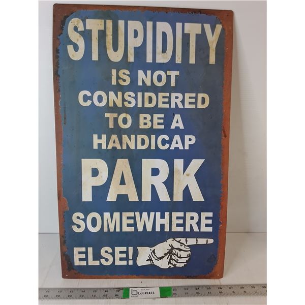 Stupidity Parking Metal Sign 23.75 x 14.75, Cannot Ship