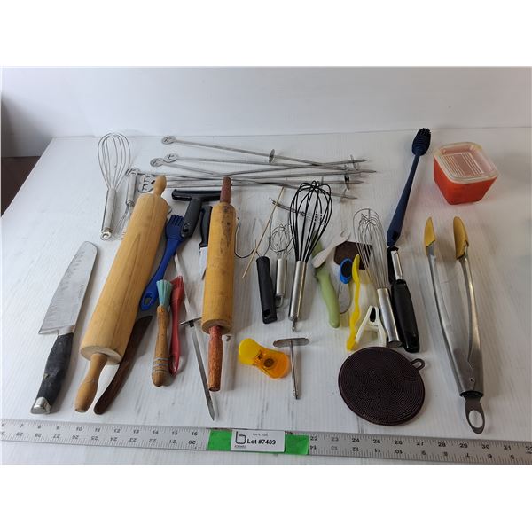 Kitchen Items- Whisks, Rolling Pins, Tongs, Misc.