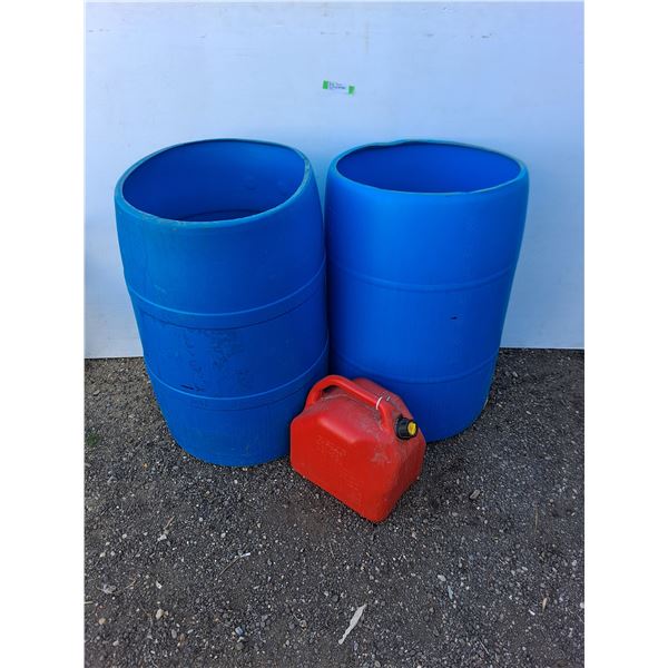 **(2) 55 Gallon Rainbarrels & 5.3 Gallon Jerry Can with Fuel, Cannot Ship