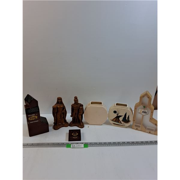Saskatchewan Pool Decanter, Prud Homme, (2) Carved Figurines, (2) Vases, Alberta Pool Coin Bank
