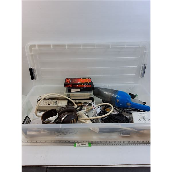 Storage Tote w/VHS, Headphones, Mini Vacuum, Power Bar, Misc - CANNOT SHIP