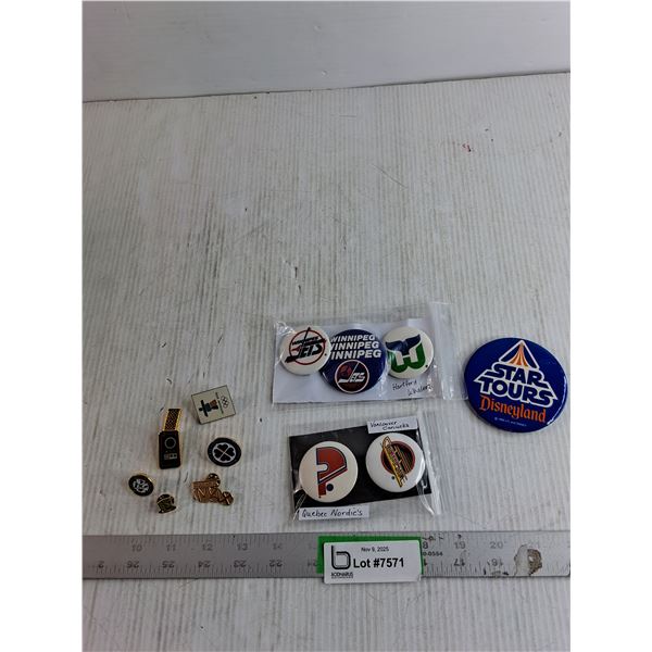 (5) Assorted NHL Pin Back Buttons/ Disneyland Star Tours Pin Back Button/ Misc.