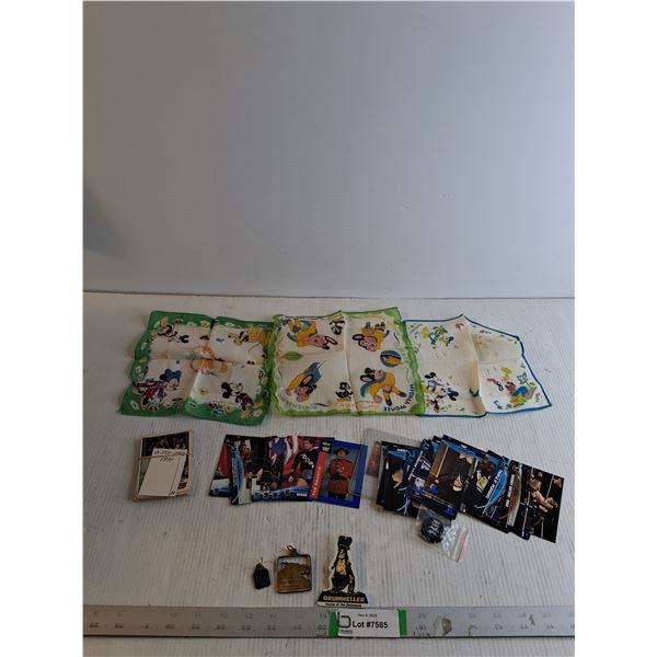 (3) Vintage Disney Handkerchiefs/ Assorted Sports Cards/ Key Chains