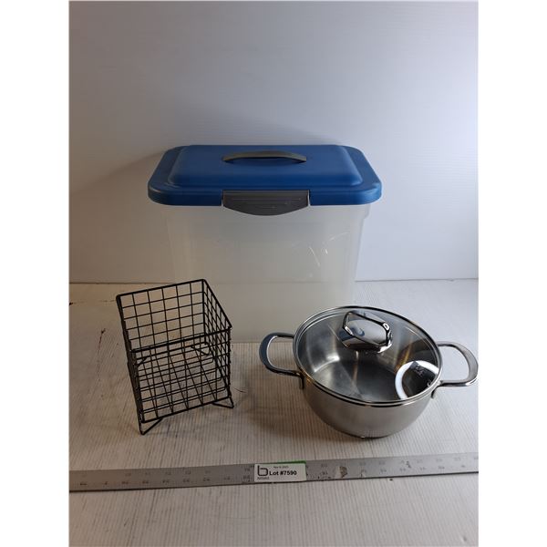 Sterlite Plastic Storage Container 14" x 10" x 12"/ Stainless Pot  2.0 Qt. / Square Bin 5" x 5"