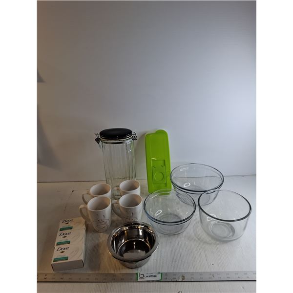 (4)  Corelle Coffee Mugs/ 12" Tall Canister/ (3) Glass bowls/ Misc.