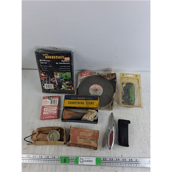 Barbecue Apron, Hex Wrenches, Pocket Knife, Sharpening Stone, 7" Cutting Wheel, Misc