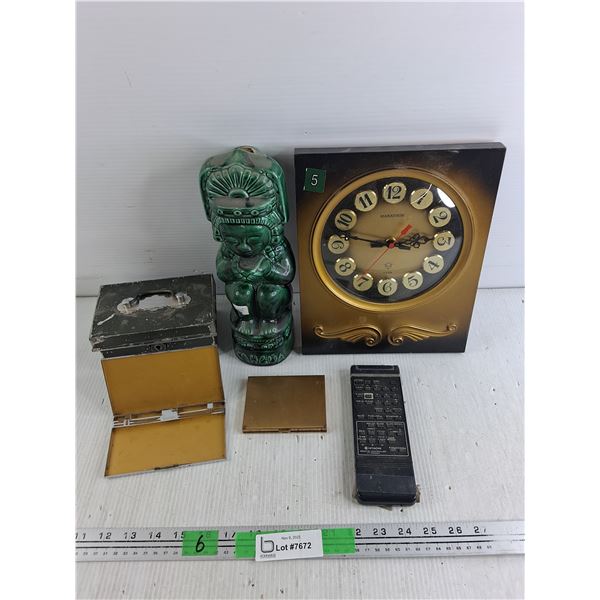 Ceramic Decor, Marathon Wall Clock, Cigarette Cases, Locking Jewelry Box, Hitachi Remote - As Is
