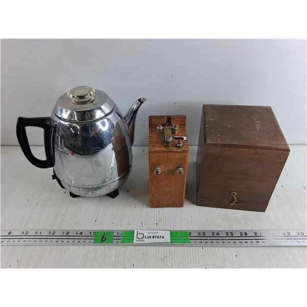 General Electric Kettle (No Cord), As Is, Wooden Box 6" x 5" x 5", Vintage Ignition Coil - As Is