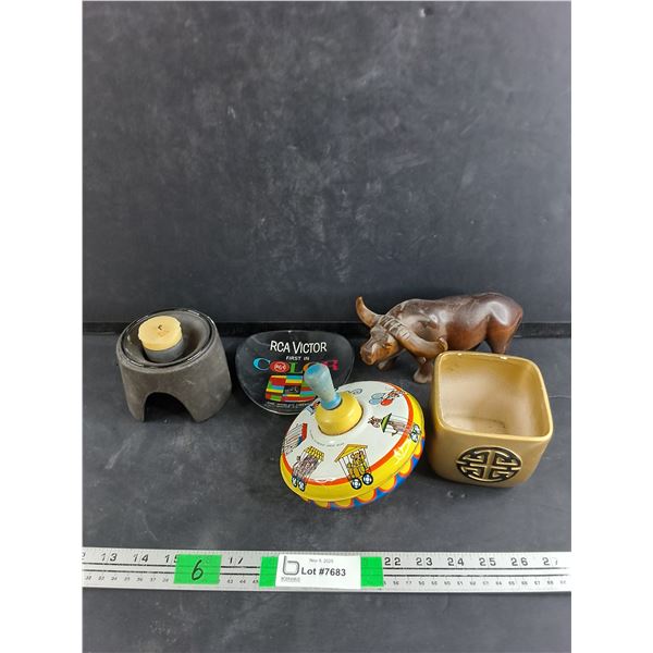 Spinning Top, Carved Wood Bull, Tea Candle Holder, Ceramic Planter, RCA Victor Ash Tray