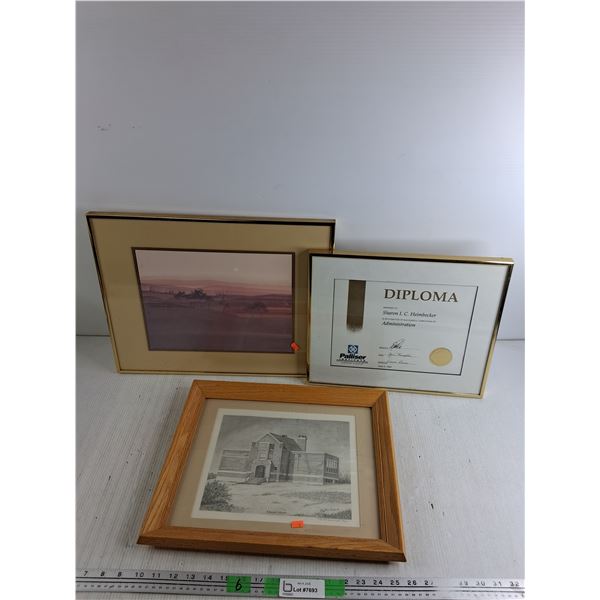 (2) Framed Wall Art Prints 16" x 13", 18" x 14", Framed Palliser Institute Diploma 14" x 12"