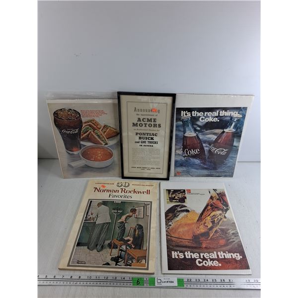 Vintage Coka Cola Posters 13" x 10", Framed Acme Motors Announcement 15" x 8", Norman Rockwell Book