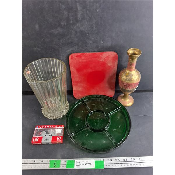 Glass & Brass Plated Vases, Green Glass Divided Plate 10", Non Slip Mouse Mat, Maxell Cassette