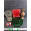Image 1 : Glass & Brass Plated Vases, Green Glass Divided Plate 10", Non Slip Mouse Mat, Maxell Cassette
