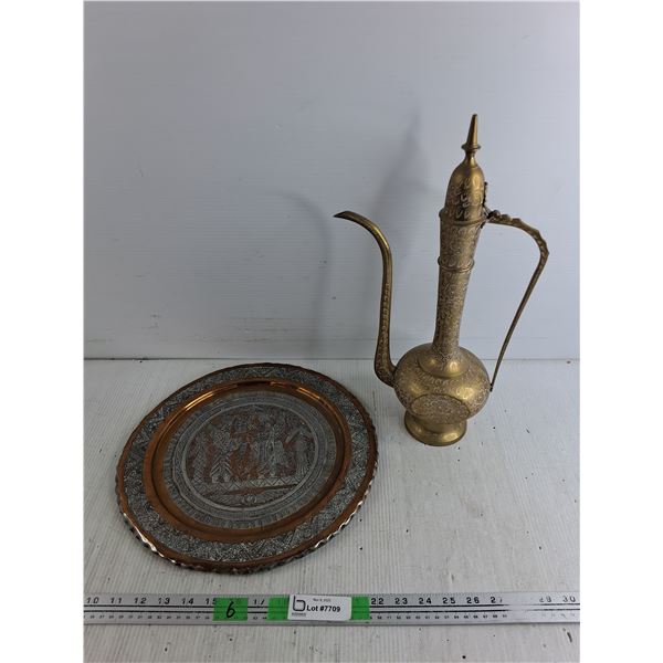 Brass Tea Pot, 14" Copper Plated Platter