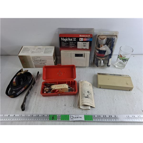 Vintage Honeywell Thermostats, Singer Ruffler, Nascar Belt, 1915 Chevy Glass, Door Knob