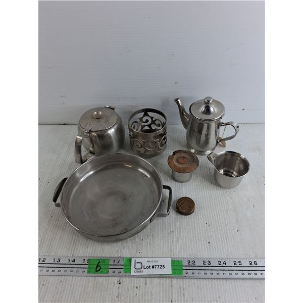 Decorative Holder, Shallow Handled Pan, Tea & Sugar Pots, Small Cup, Misc