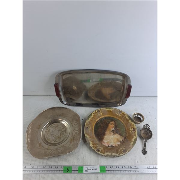 Rectangular Metal Serving Tray 15" x 9", Embossed Silver Tone & Decorative Tin Plates, Tea Strainers