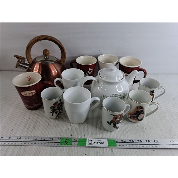 (2) Tea Pots, Various Mugs & Cups - Tim Hortons, Norman Rockwell, White Ceramic, Cannot Ship