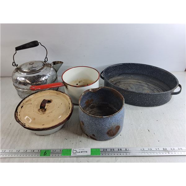 Metal Tea Pot, Enamel Pots, Enamel Baking Dish 14" x 10"